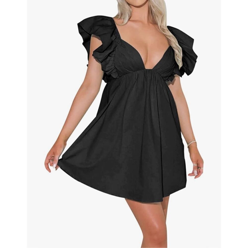 NEW Black Deep V Neck Ruffle Mini Lined Dress  S